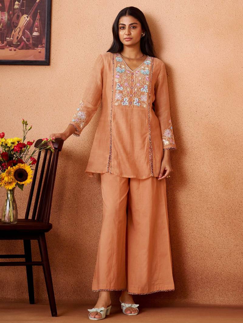 Peach embroidered chanderi silk a-line pant  co-ords