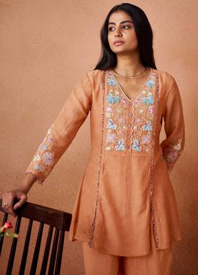 Peach embroidered chanderi silk a-line pant  co-ords 2
