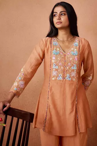 Peach embroidered chanderi silk a-line pant  co-ords