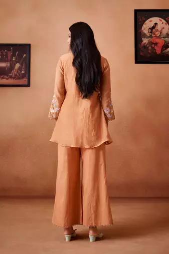 Peach embroidered chanderi silk a-line pant  co-ords
