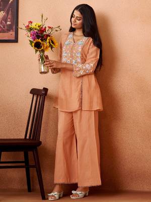 Peach embroidered chanderi silk a-line pant  co-ords 4