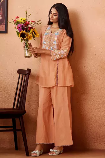 Peach embroidered chanderi silk a-line pant  co-ords