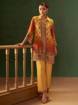Yellow embroidered crepe straight pant  co-ords 1
