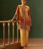Yellow embroidered crepe straight pant  co-ords