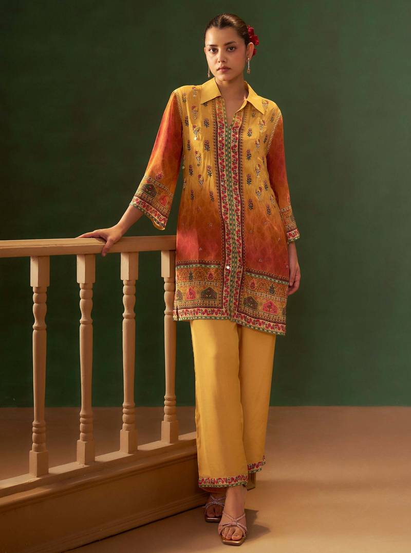 Yellow embroidered crepe straight pant  co-ords
