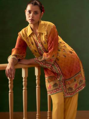 Yellow embroidered crepe straight pant  co-ords 2