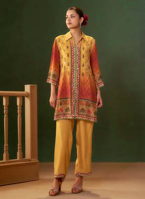Yellow embroidered crepe straight pant  co-ords 4