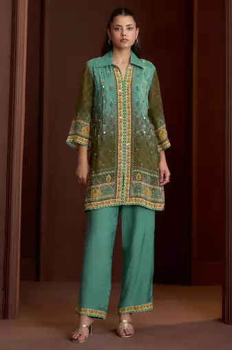 Rust embroidered crepe straight pant  co-ords