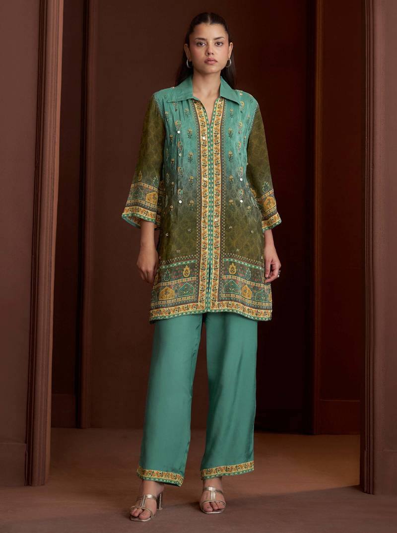 Rust embroidered crepe straight pant  co-ords