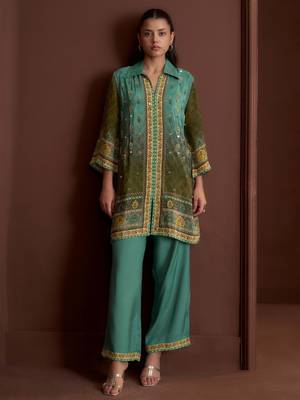 Rust embroidered crepe straight pant  co-ords 4