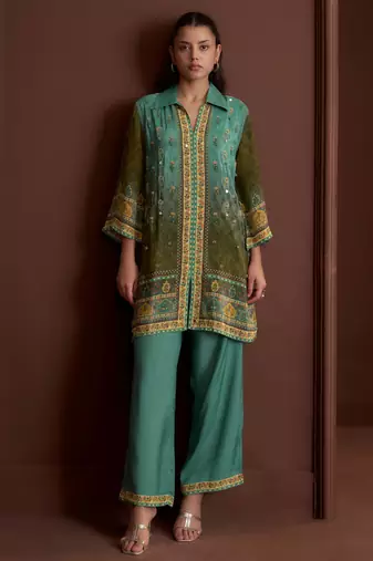 Rust embroidered crepe straight pant  co-ords