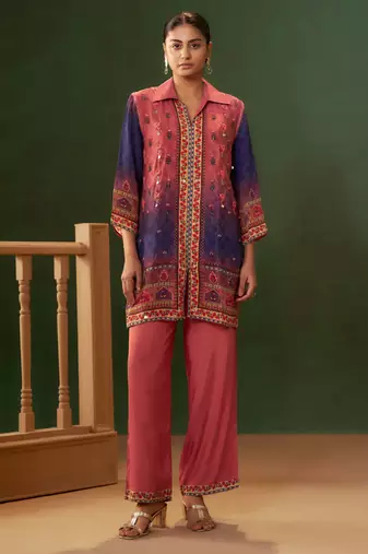 Green embroidered crepe straight pant  co-ords