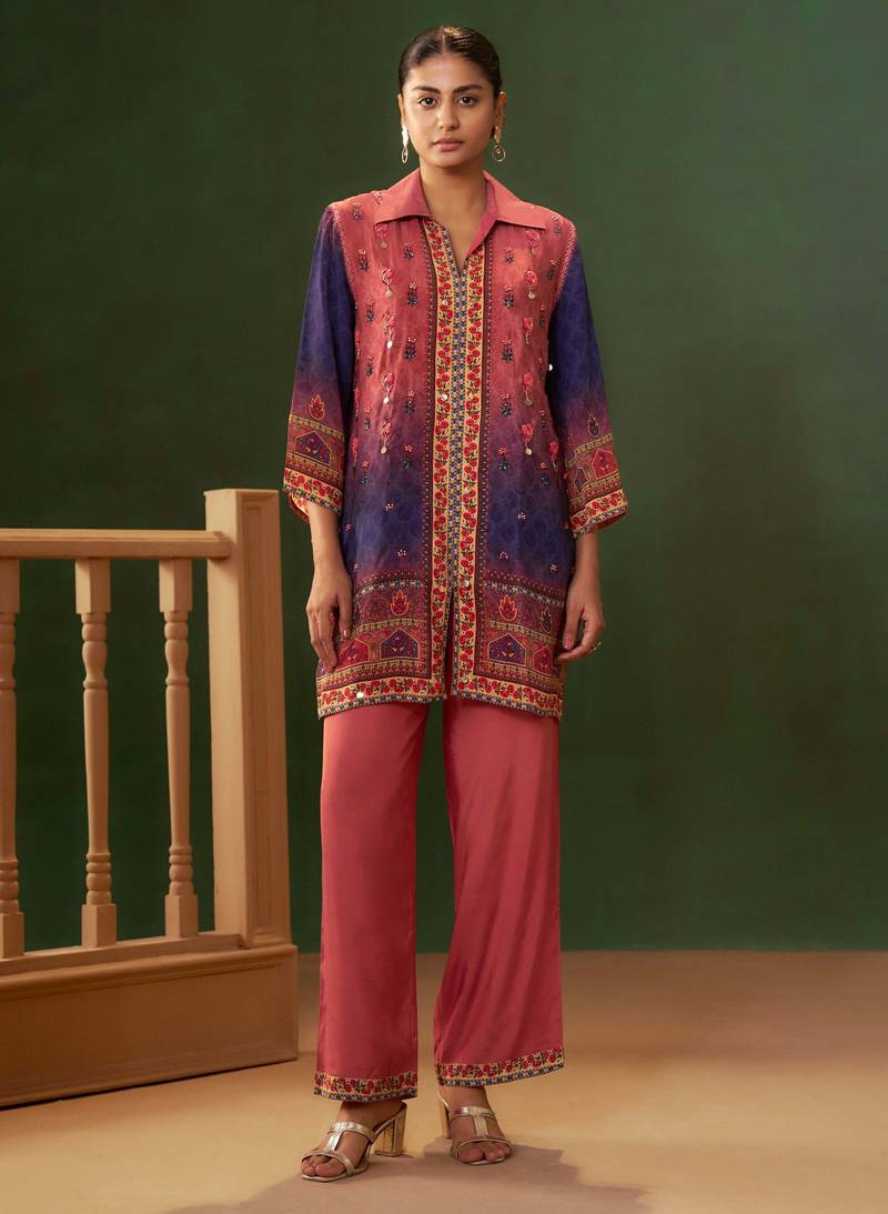 Green embroidered crepe straight pant  co-ords