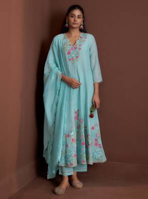 Blue embroidered chanderi silk anarkali pant  kurta set 1