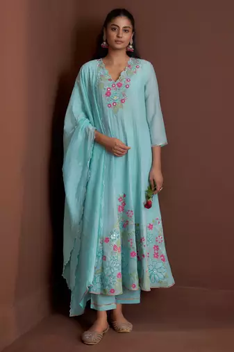 Blue embroidered chanderi silk anarkali pant  kurta set