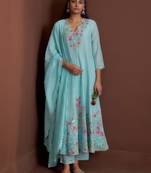 Blue embroidered chanderi silk anarkali pant  kurta set