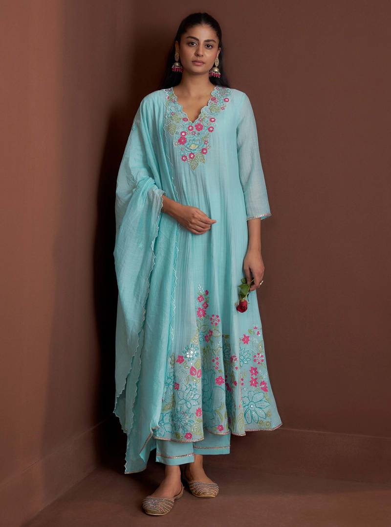 Blue embroidered chanderi silk anarkali pant  kurta set