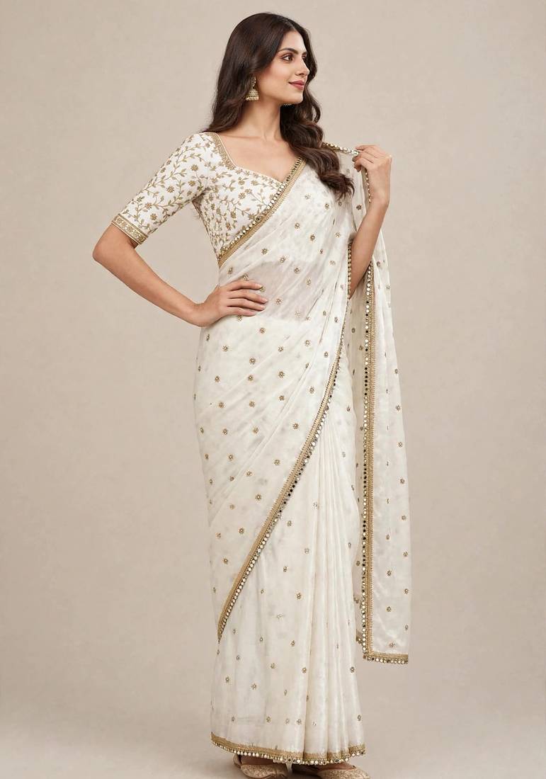Elegant fandy satin designer saree with premium mirror lace border