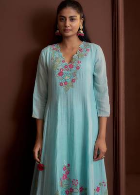 Blue embroidered chanderi silk anarkali pant  kurta set 2