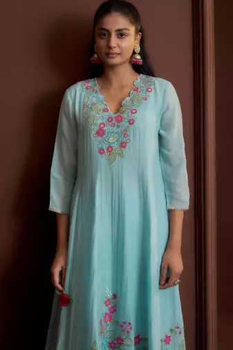 Blue embroidered chanderi silk anarkali pant  kurta set