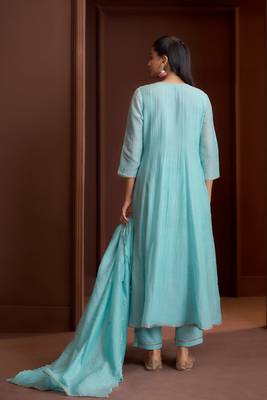 Blue embroidered chanderi silk anarkali pant  kurta set 3