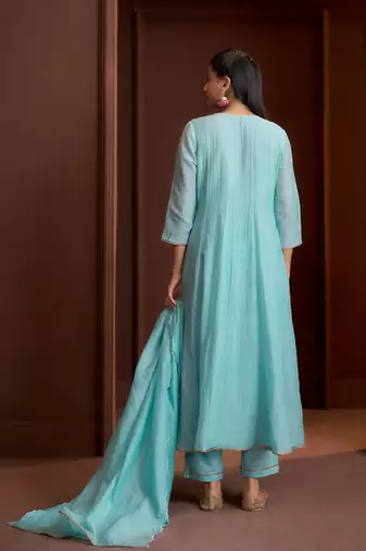 Blue embroidered chanderi silk anarkali pant  kurta set