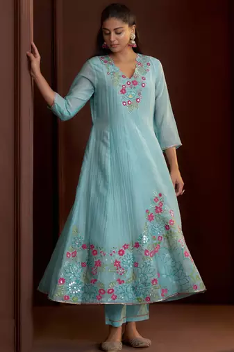 Blue embroidered chanderi silk anarkali pant  kurta set