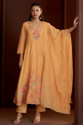 Peach embroidered chanderi silk anarkali pant  kurta set