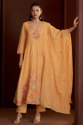 Peach embroidered chanderi silk anarkali pant  kurta set