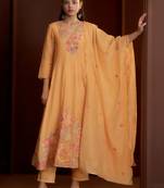 Peach embroidered chanderi silk anarkali pant  kurta set