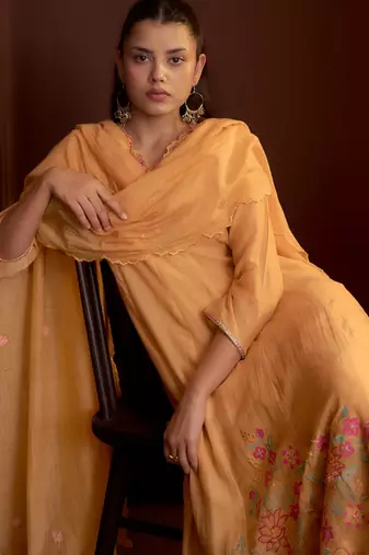 Peach embroidered chanderi silk anarkali pant  kurta set