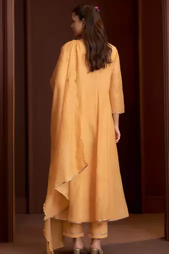 Peach embroidered chanderi silk anarkali pant  kurta set