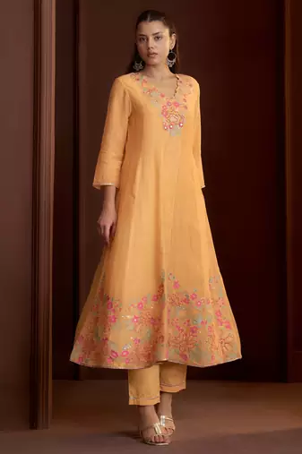 Peach embroidered chanderi silk anarkali pant  kurta set