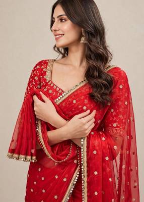 Premium fandy satin embroidered designer saree with mirror lace 1