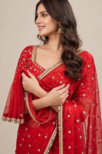 Premium fandy satin embroidered designer saree with mirror lace