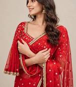 Premium fandy satin embroidered designer saree with mirror lace