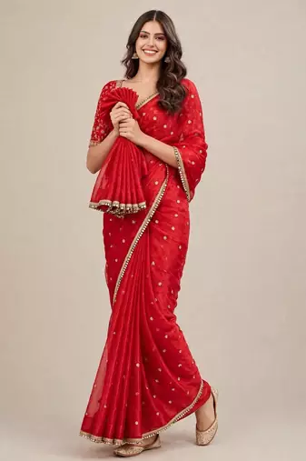 Premium fandy satin embroidered designer saree with mirror lace