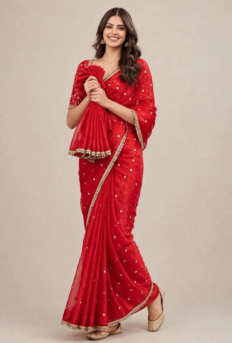 Premium fandy satin embroidered designer saree with mirror lace