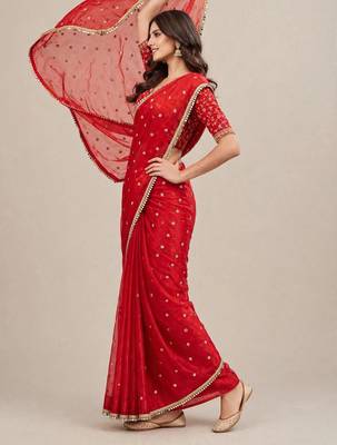 Premium fandy satin embroidered designer saree with mirror lace 3