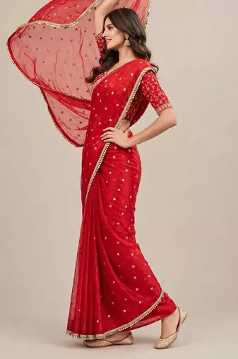 Premium fandy satin embroidered designer saree with mirror lace
