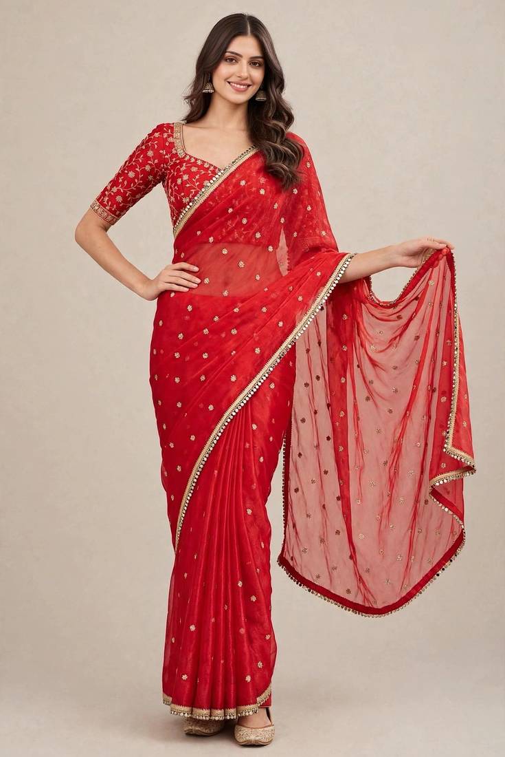 Premium fandy satin embroidered designer saree with mirror lace