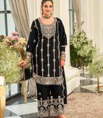 Black chinon silk semi stitched wedding suits