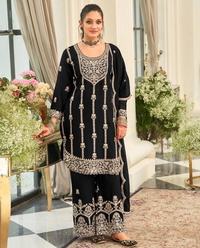 Black chinon silk semi stitched wedding suits