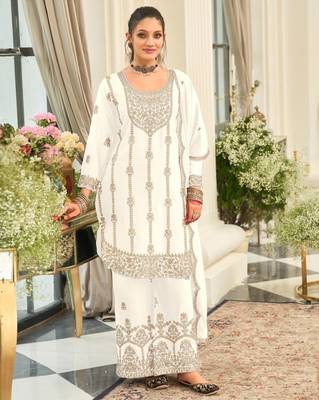 White chinon silk semi stitched wedding suits 1