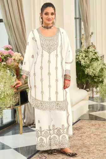 White chinon silk semi stitched wedding suits