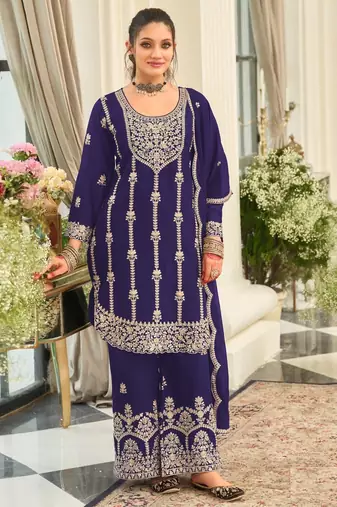 Blue chinon silk semi stitched wedding suits