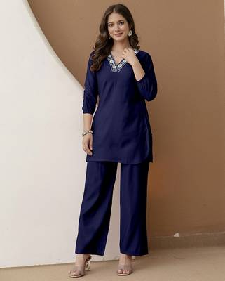 Navyblue stylish soft viscose silk kurta and pant casual wear co-ord set 1