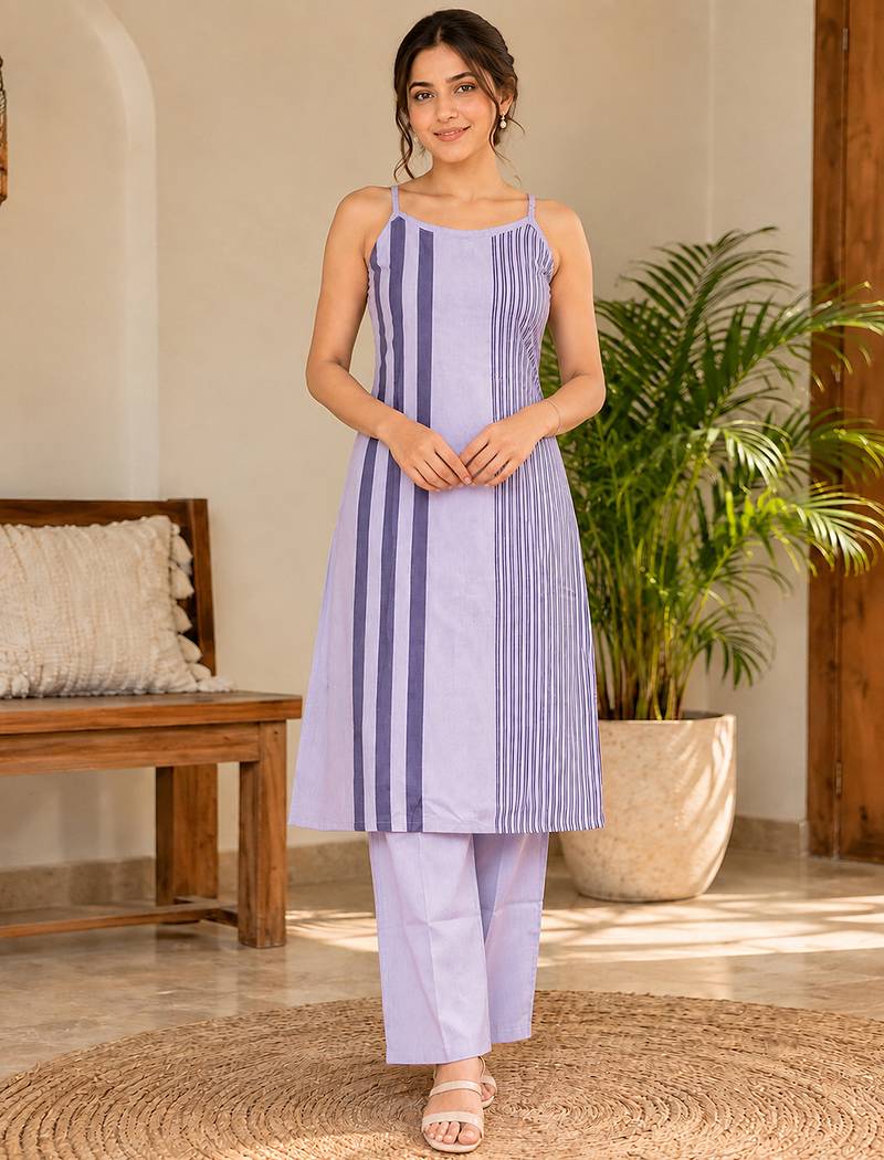 Lightpeach cotton sleeveless striped co-ord set for women