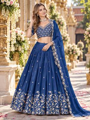 Orange Silk Blend Semi Stitced Lehenga Choli with Thread & Sequence Work 1