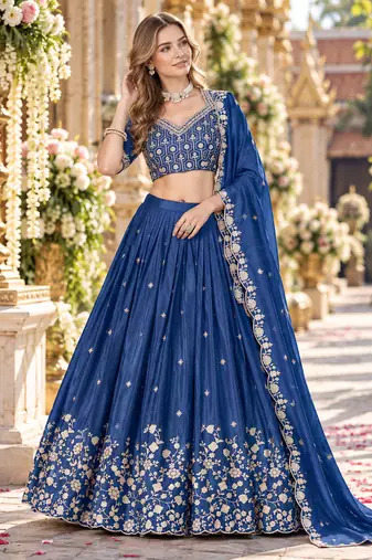 Orange Silk Blend Semi Stitced Lehenga Choli with Thread & Sequence Work